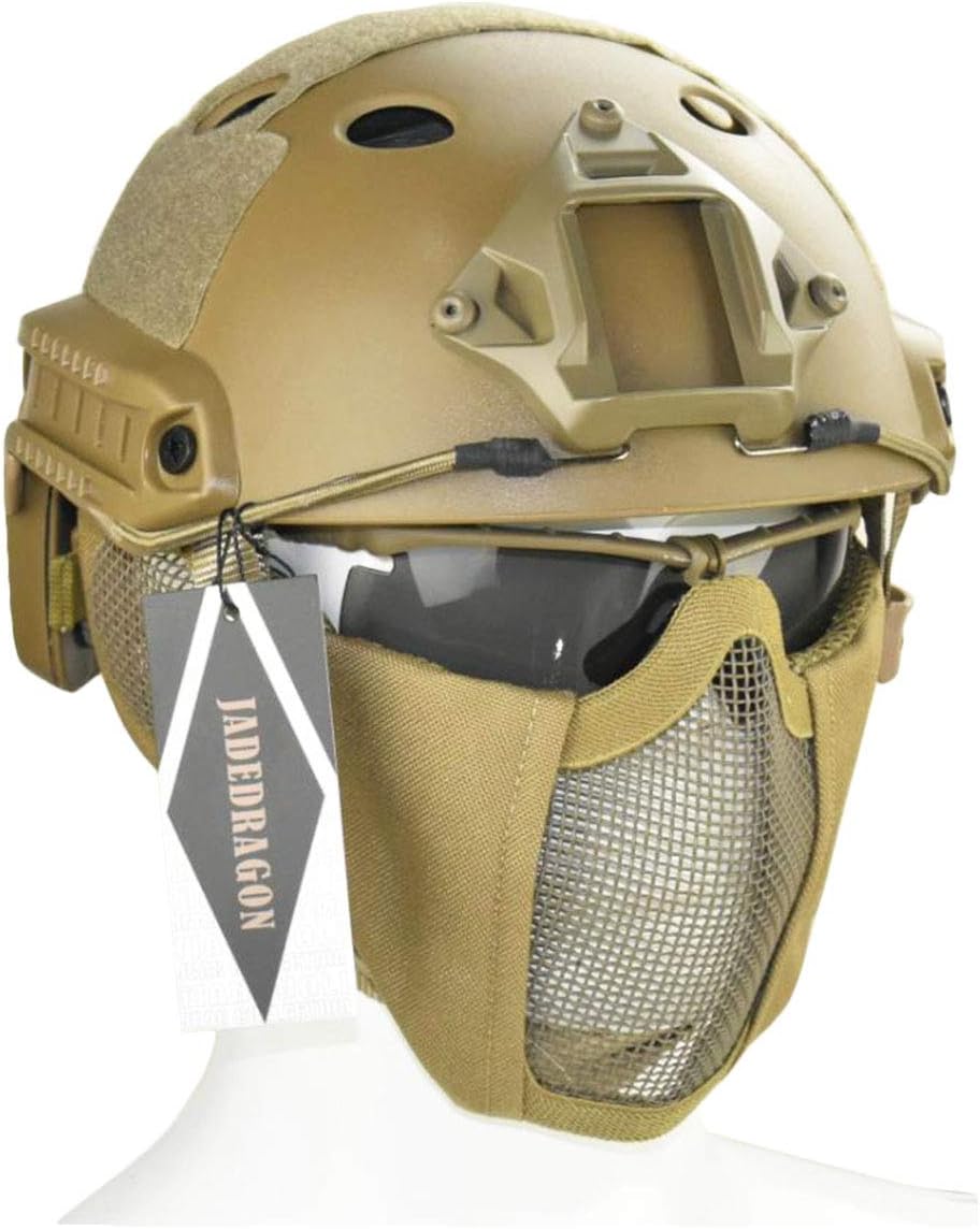 Jadedragon PJ Tactical Fast Helmet & Protect Ear Foldable Double Straps Half Face Mesh Mask & Goggle (ACU) : Sports & Outdoors