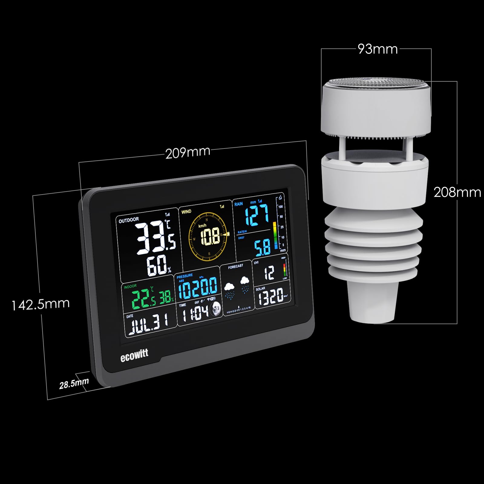 ECOWITT Wetterstation WS3901, 7 in 1 Wetterstation Wittboy Außen-Sensoreinheiten WS90, 7.5 Zoll Wifi Innenbereich LCD-Farbkonsole mit 3-in-1-Sensoren, Ecowitt IOT Intelligente Verknüpfungssteuerung
