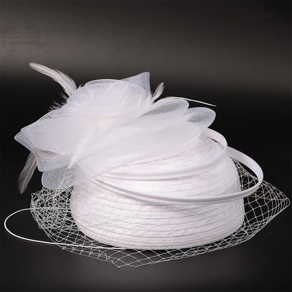 Woman Sinamay Fascinator Hat Pillbox Derby Hats Linen Feather with Veil Vintage Bridal Wedding Tea Party Cap