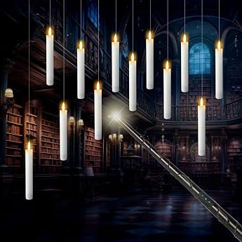mizikuu Pack of 12 Floating Candles with Wand LED Flameless Candle Remote Control Taper Candles Flying Candles Timer Function Floating Candles Hanging for Halloween Christmas Decoration [Energy Class A]