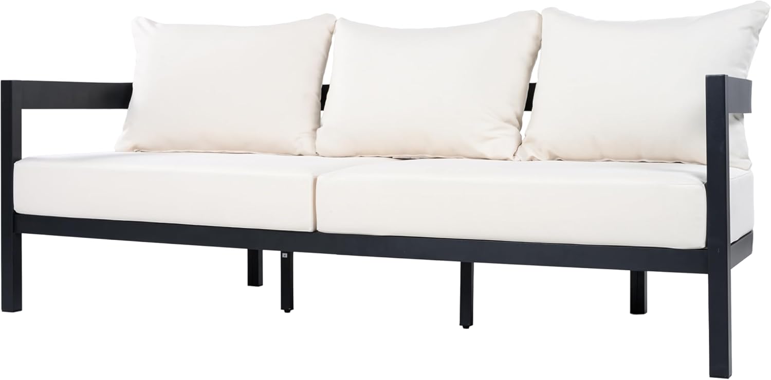Merax 75.8" Modern Curved Outdoor Aluminum 3-Seater Sofa, Full-Size Patio Sofa Day Bed with Weather-Resistant Cushions for Porch, Lawn, Backyard, Balcony, Black