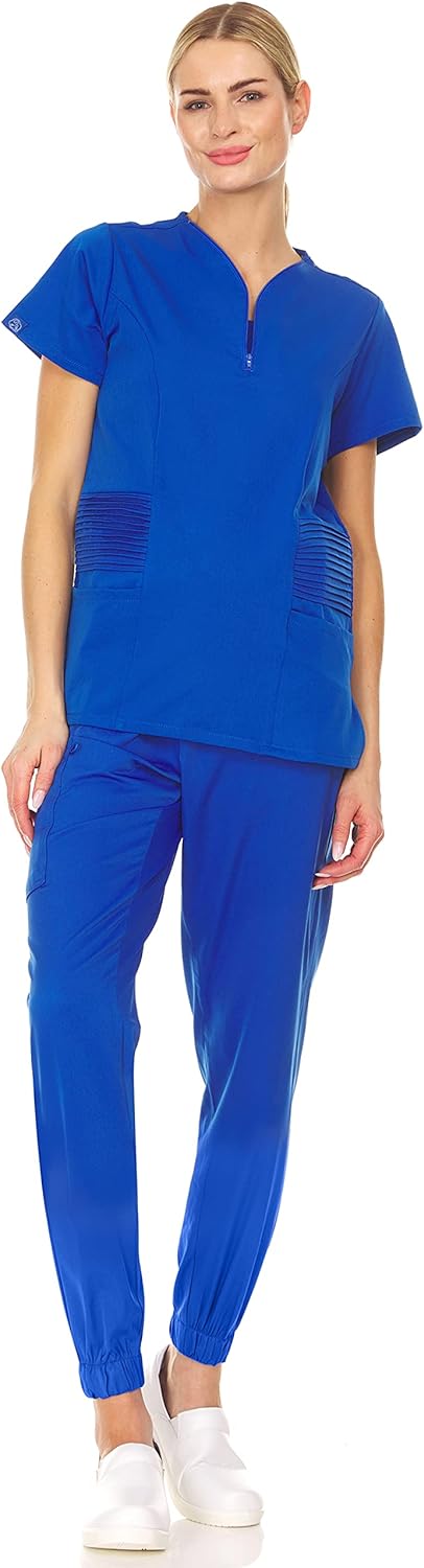 MediChic Scrubs Womens Stretch Zipper Neck Jogger Scrubs Set, Available in Over 12 Colors