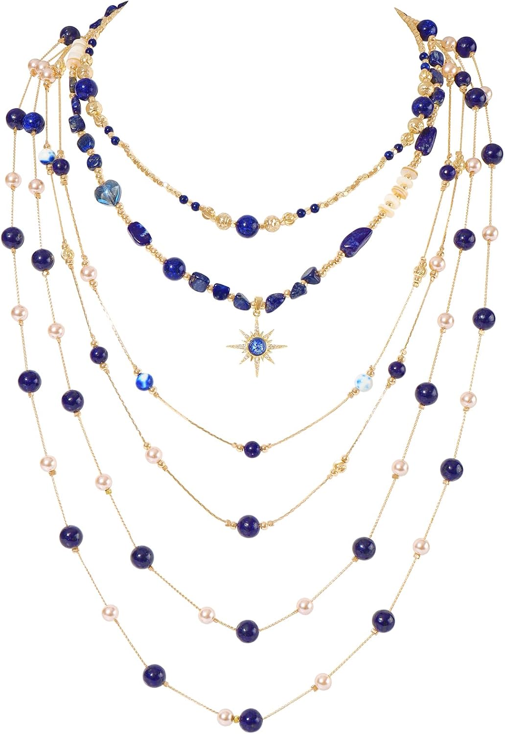 Layered Boho Beaded Choker Necklace for Women with Gold Plated Chains,4 Strand Detachable Statement Jewelry, Resin Pendant for Summer Beach Party Gift