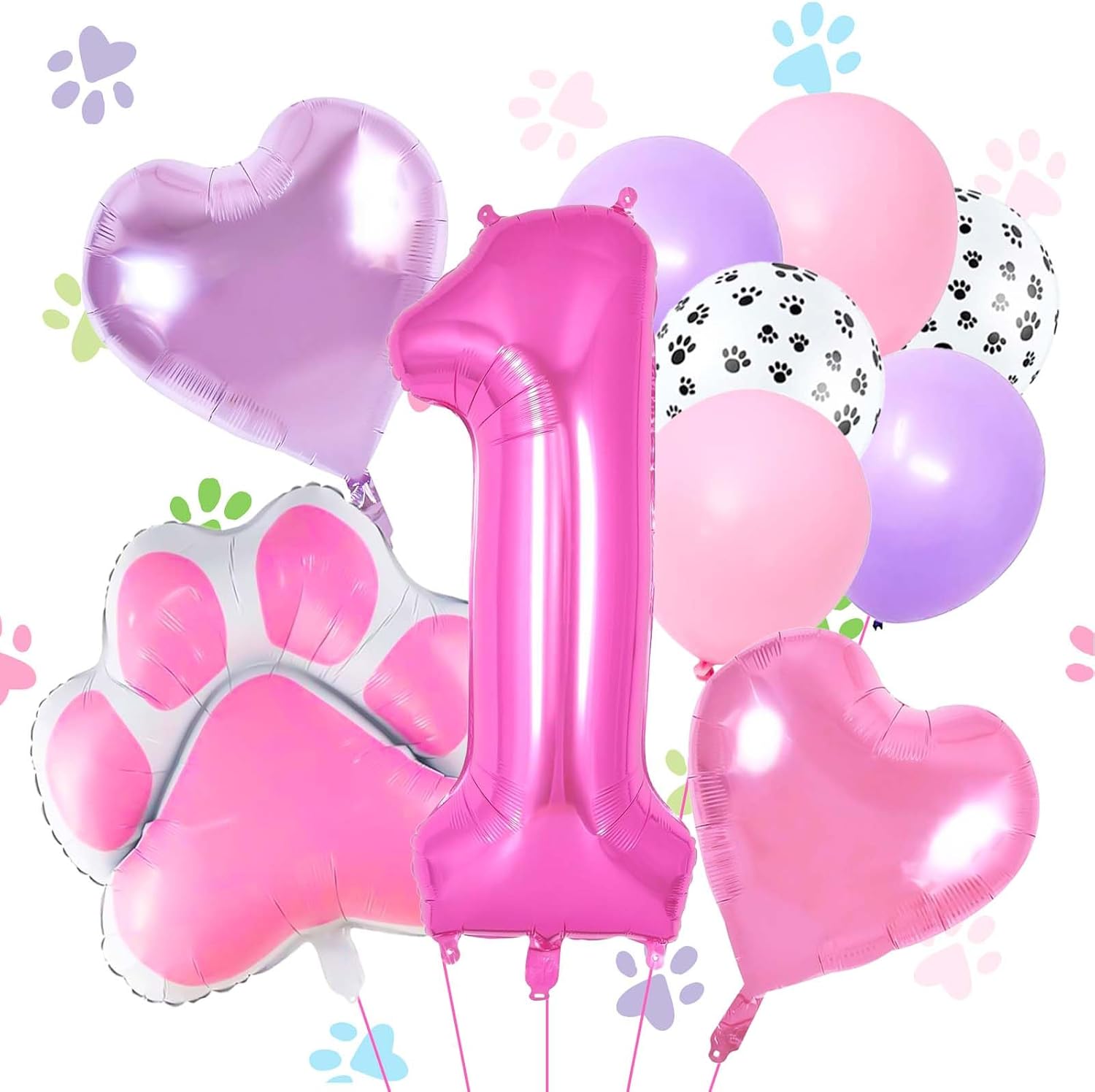 Pink Dog Paw Birthday Balloons, 12 PCS, Paw Print, 1st Birthday Girl Decoration, Dog Themed Party Decorations