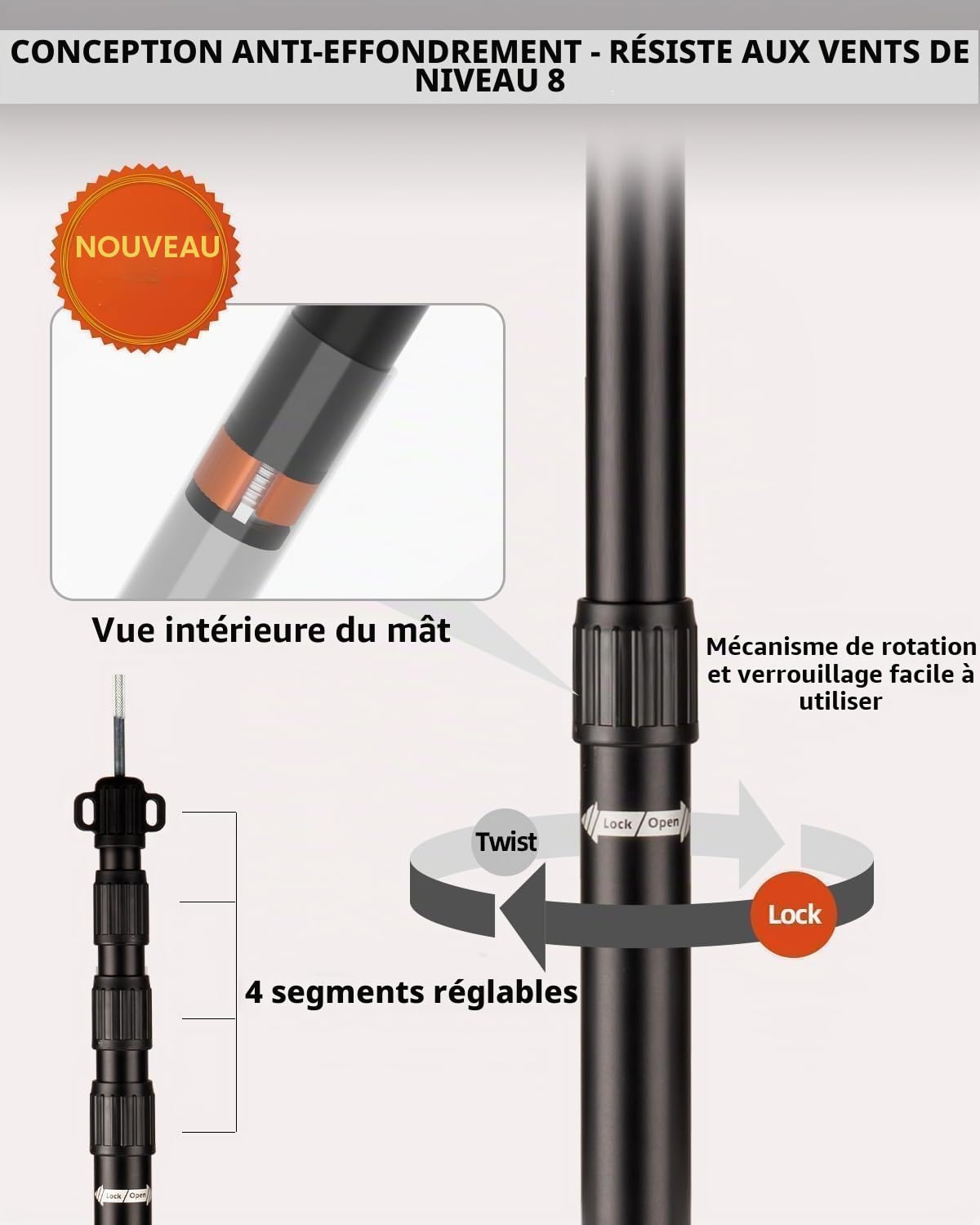 Lot poteaux de bâche Robustes et réglables en Aluminium aéronautique de 2,5 m avec Capuchon de Protection pour la randonnée