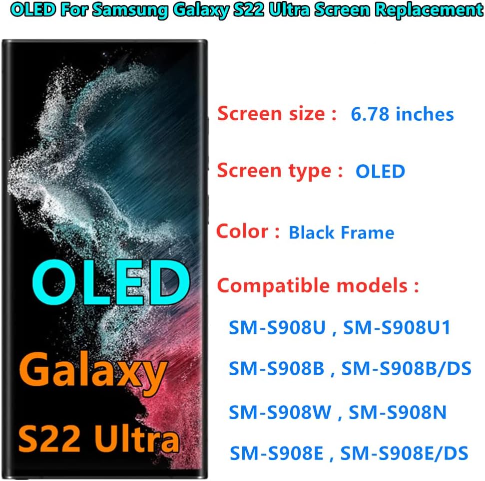 OLED Galaxy S22 Ultra LCD Screen Replacement for Samsung Galaxy S22Ultra 5G Display Touch Screen Digitizer SM-S908U SM-S908U1 Support Fingerprint S-Pen (with Black Frame+Back Cover Adhesive+Tools)
