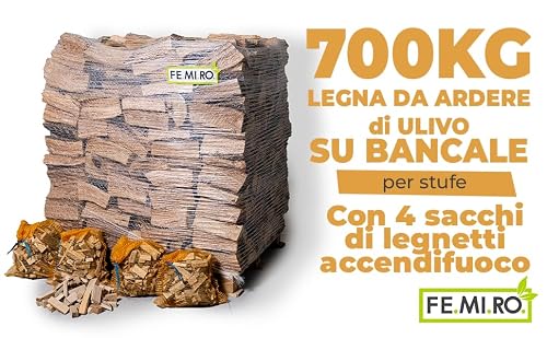 Terza immagine FEMIRO Legna da Ardere di Ulivo per Stufe su Bancale 700 kg – Legna per Stufe e Camini Piccoli 25/30 cm – 100% Ulivo Made in Italy – Inclusi 4 Sacchi di Legnetti Accendifuoco Faggio e Abete