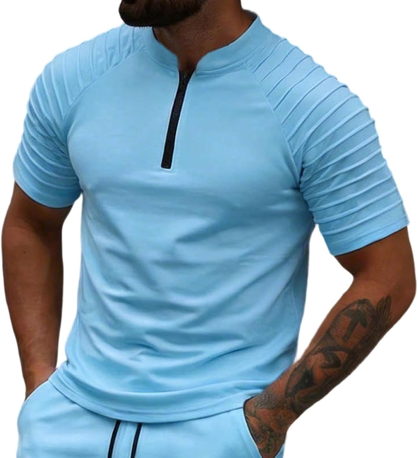 Cambkatl Men's Summer 2 Piece Outfits, Half Zip Stand Collar Muscle Shirts & Pleated Cargo Shorts Tracksuit Sets with Pockets
