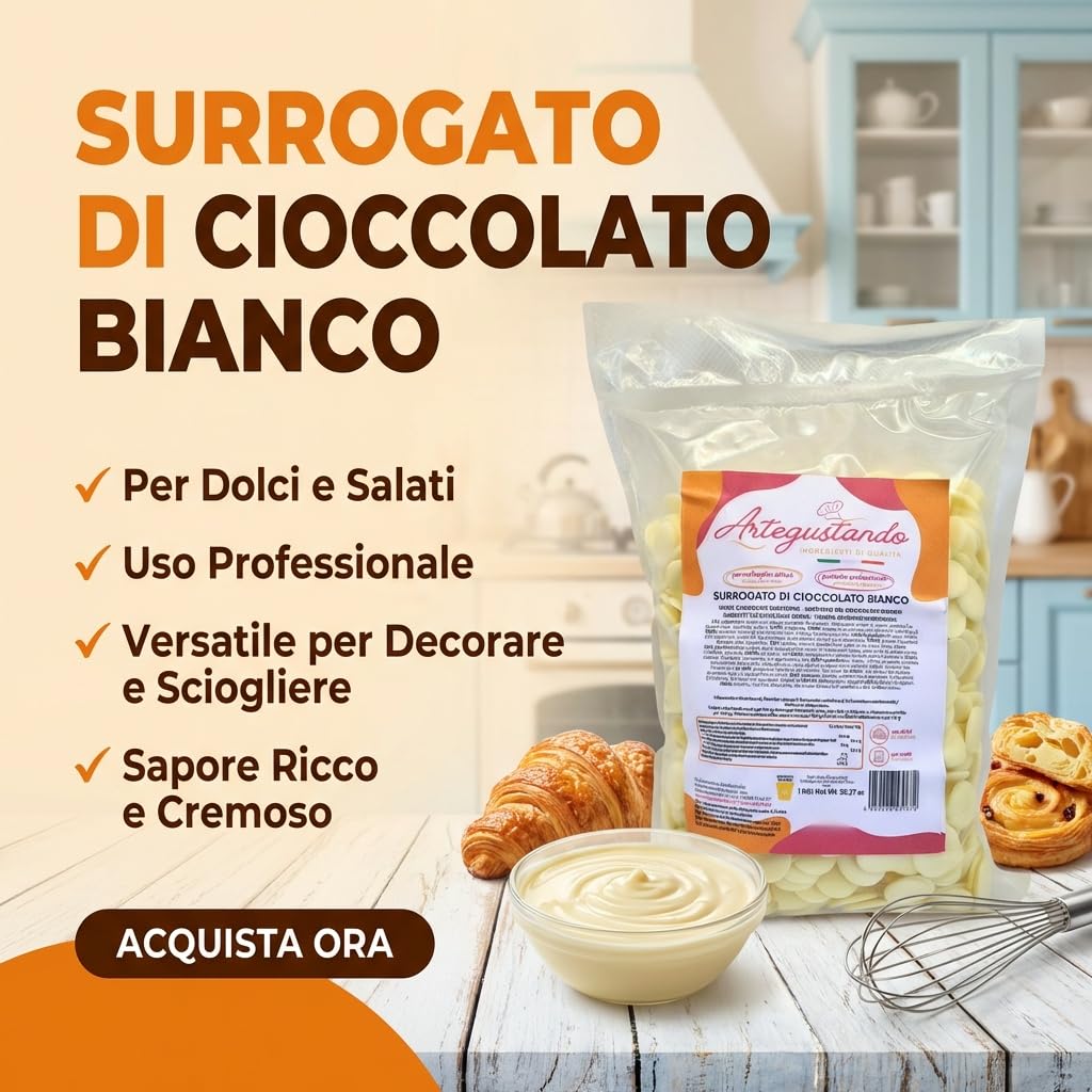 Artegustando Surrogato di Cioccolato Bianco a dischi 1 kg Professionale Alta Qualità Italiana – Senza Glutine Con Latte e Siero di Latte – Per Pasticceria e Dolci