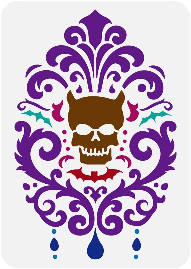 FINGERINSPIRESatin with Skull Pattern Stencil 21x29.7cm Plastic PET Skull Head Pattern Template Damask Floral Design Stencil Bat Template for Painting Day of the Dead Theme Stencil for DIY Decoration