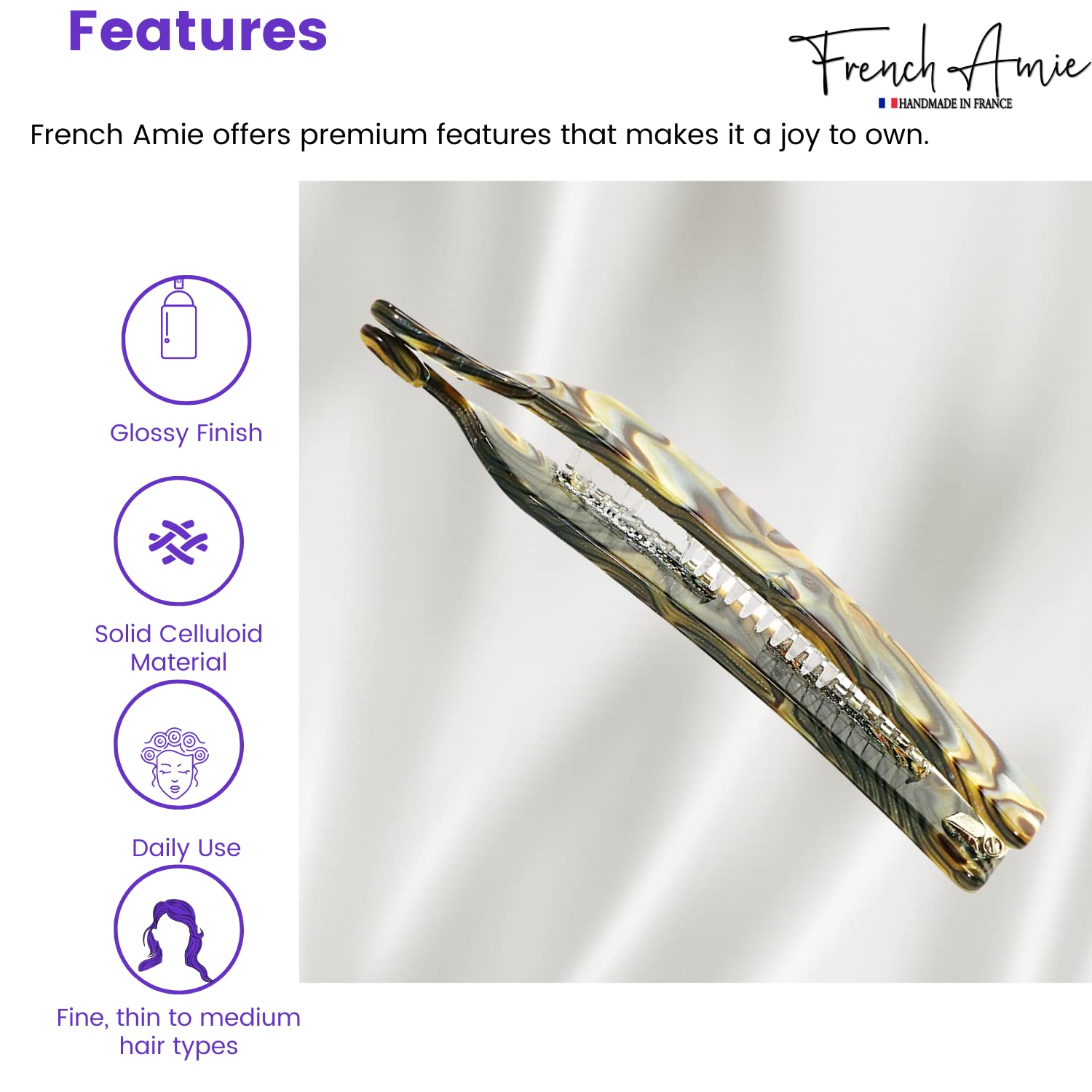 French Amie Elongated Curve Onyx Silver Grey Handmade 4 inch Celluloid Acetate Large Banana Hair Clip for Ponytail Women Hair Accessories, Made in France
