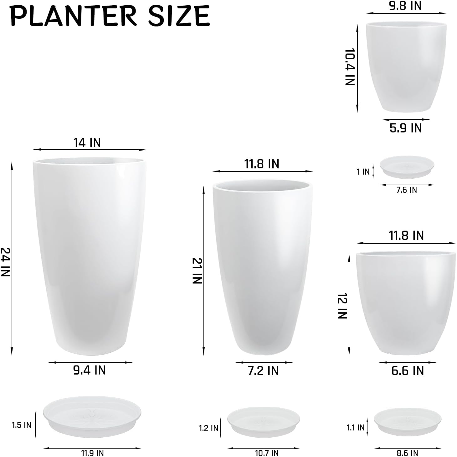 ZMTECH 24/21/12/10" H Large Plastic Planters with Drainage Hole and Saucer -Set of 4 Tall Plant Pots for Indoor & Outdoor Use,White Glossy Smooth Lightweight Flower Pot for Front Porch Patio Deck
