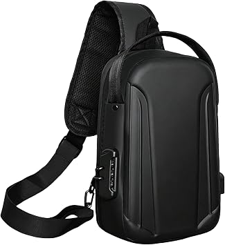 Anti-Theft Sling Crossbody Bag for Men Hard Shell Waterproof Chest Bag with USB Hole Combination Lock Shoulder Bag for Travel Work Motorcycle Fashion Style