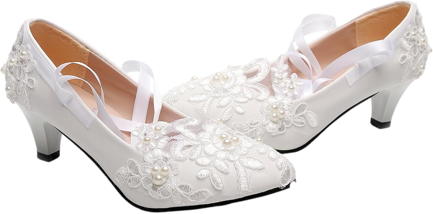 ANUFER Womens Elegant Lace Embroidery Flat/Heeled White Wedding Shoes Pumps with Pearls