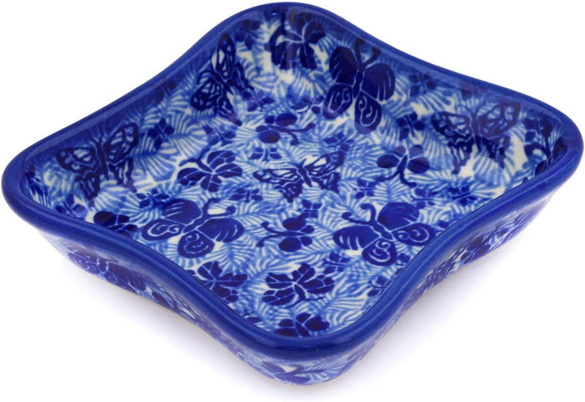 Polmedia Polish Pottery Bowl 4-inch - Sapphire Butterfly Pattern Handmade in Boleslawiec Poland by Ceramika Artystyczna + Certificate of Authenticity
