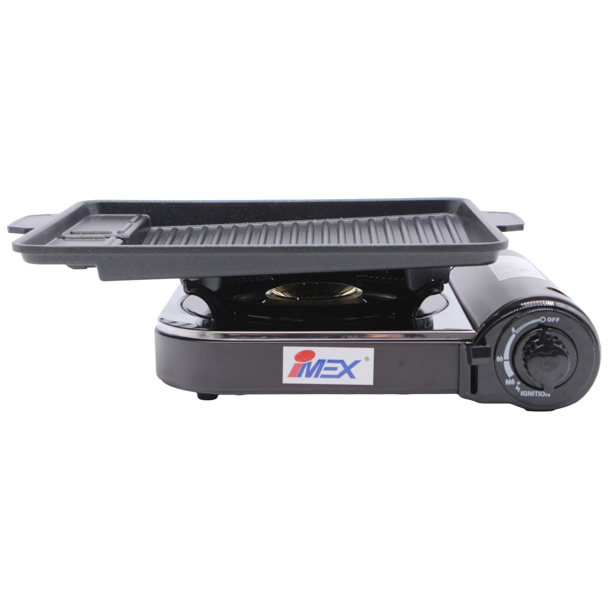 IMEX JYP-300E tragbarer Campingkocher, Gaskocher und Gasgrill, 5-teiliges Set mit Grillschale, Grillzange, Messer und Tragekoffer, Edelstahl, Piezo-Zündung