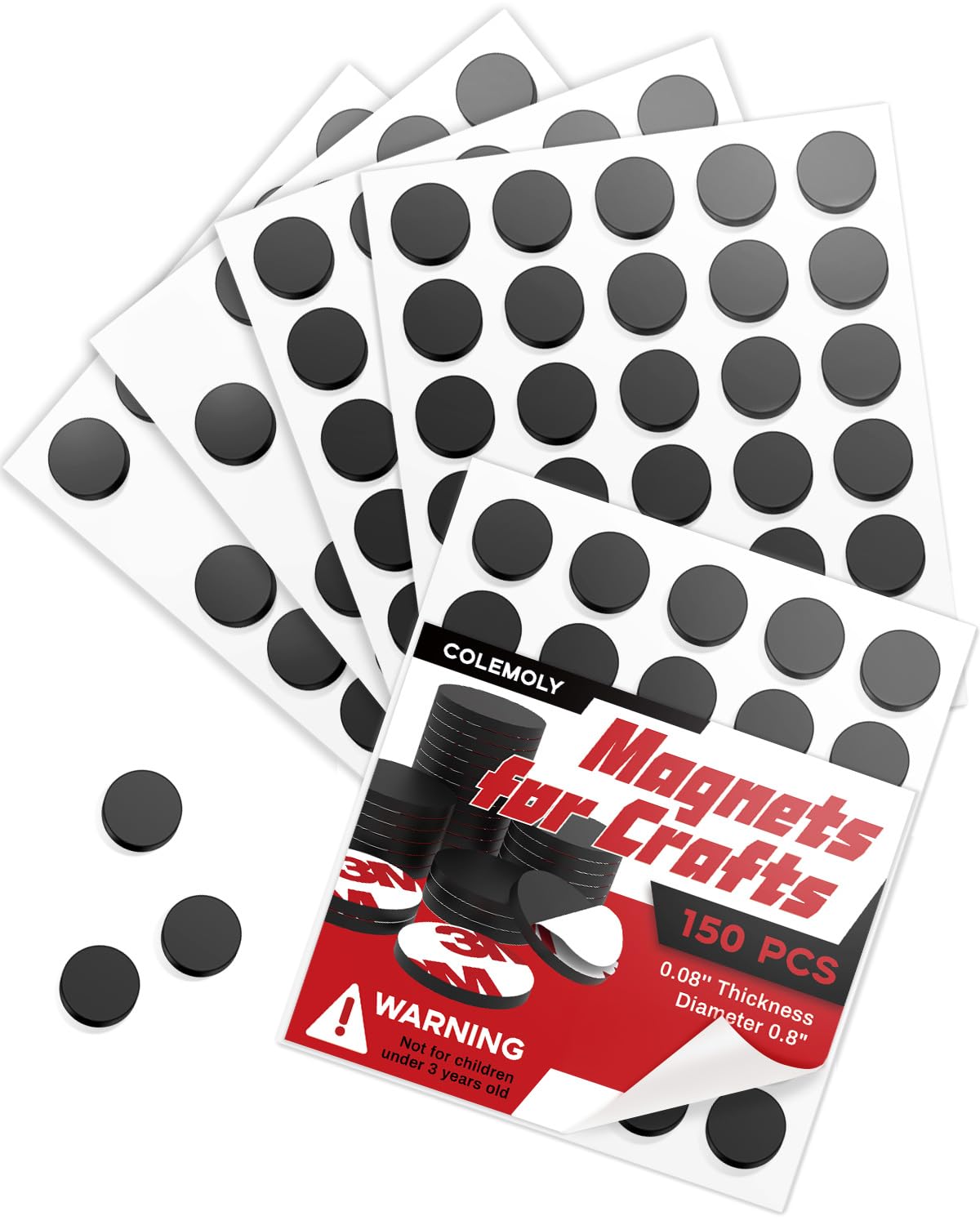Colemoly Magnet Dots Self Adhesive, Round Magnetic with Adhesive Backing, Peel and Stick for Crafts, Photos, Drawing, DIY Projects, 150 PCS (0.8’’ x 0.8’’ x 0.08’’)