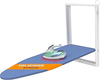 Xabitat Wall Mounted Ironing Board, 36.2" X 12.2" Compact Mount Fold Down Iron Board for Small Spaces, Space Saving with Cotton Fabric Cover, White and Blue