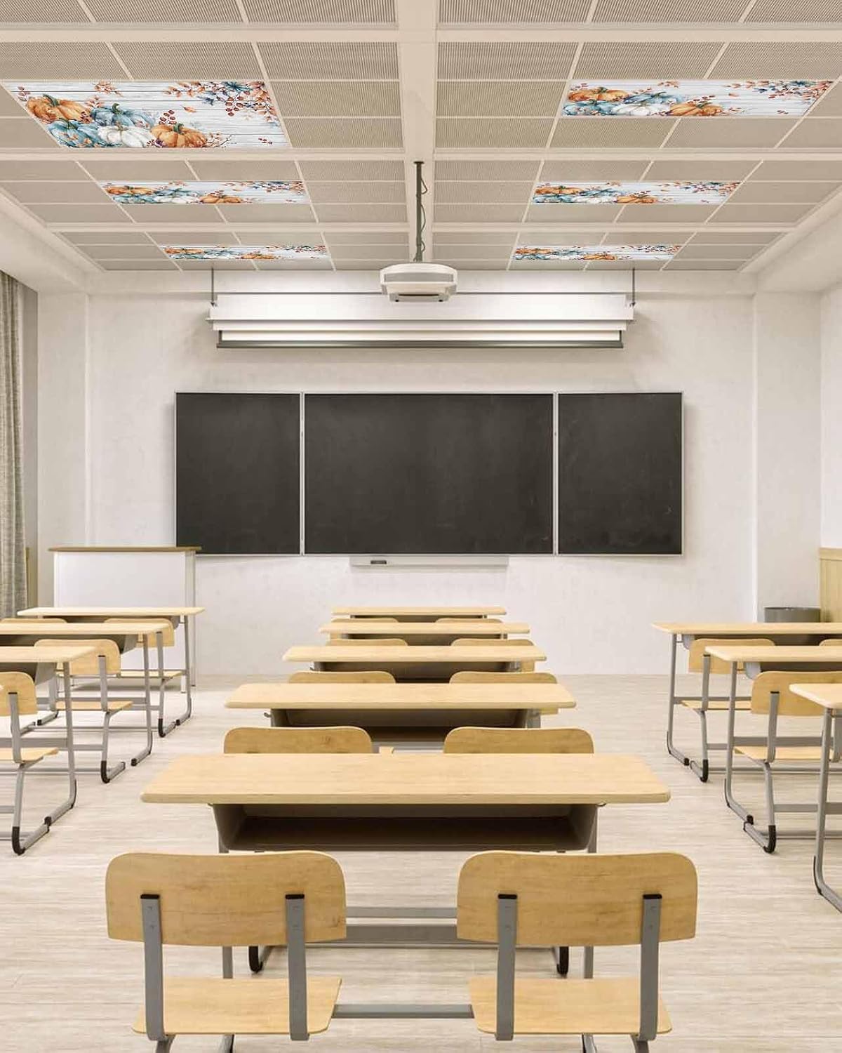 Orange Blue Pumpkin 4 Pack Fluorescent Light Cover for Ceiling Lights, Fall Leaves Magnetic Classroom Light Filters 4x2 Feet, Thanksgiving Wooden Decorative Ceiling Shade Panel for Office