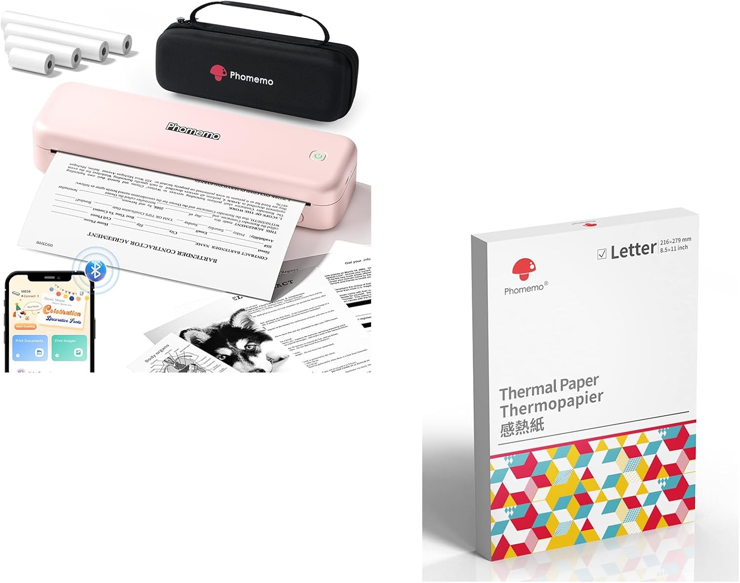 Phomemo M834 Bluetooth Thermal Printer & 200 Sheets Thermal Printer Paper 8.5 x 11 Inch & 1 Case