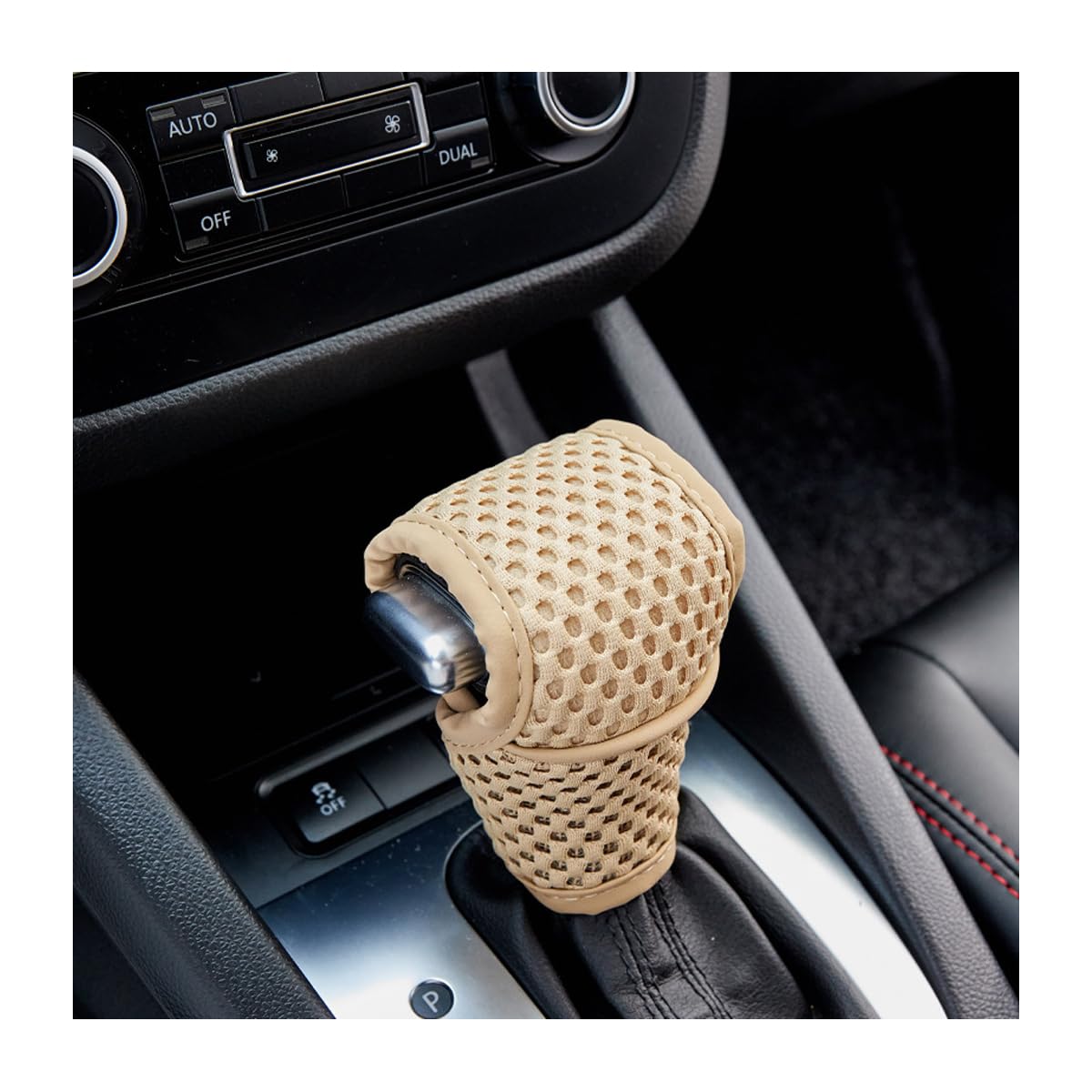 Genuine Leather Gear Shift Knob Cover – Black With Red Stitching, Clip-On Design
