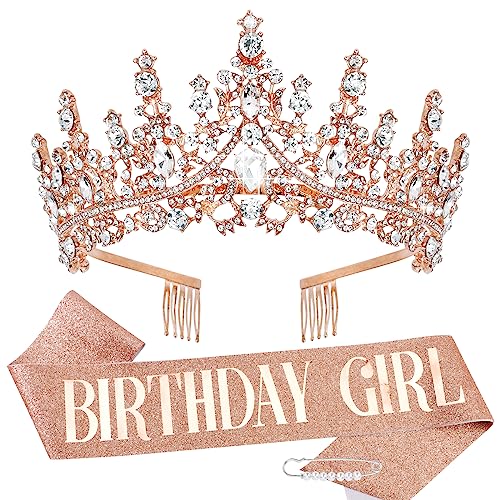 TOBATOBA Birthday Crowns and Sash for Women Rose Gold Princess Birthday Decorations