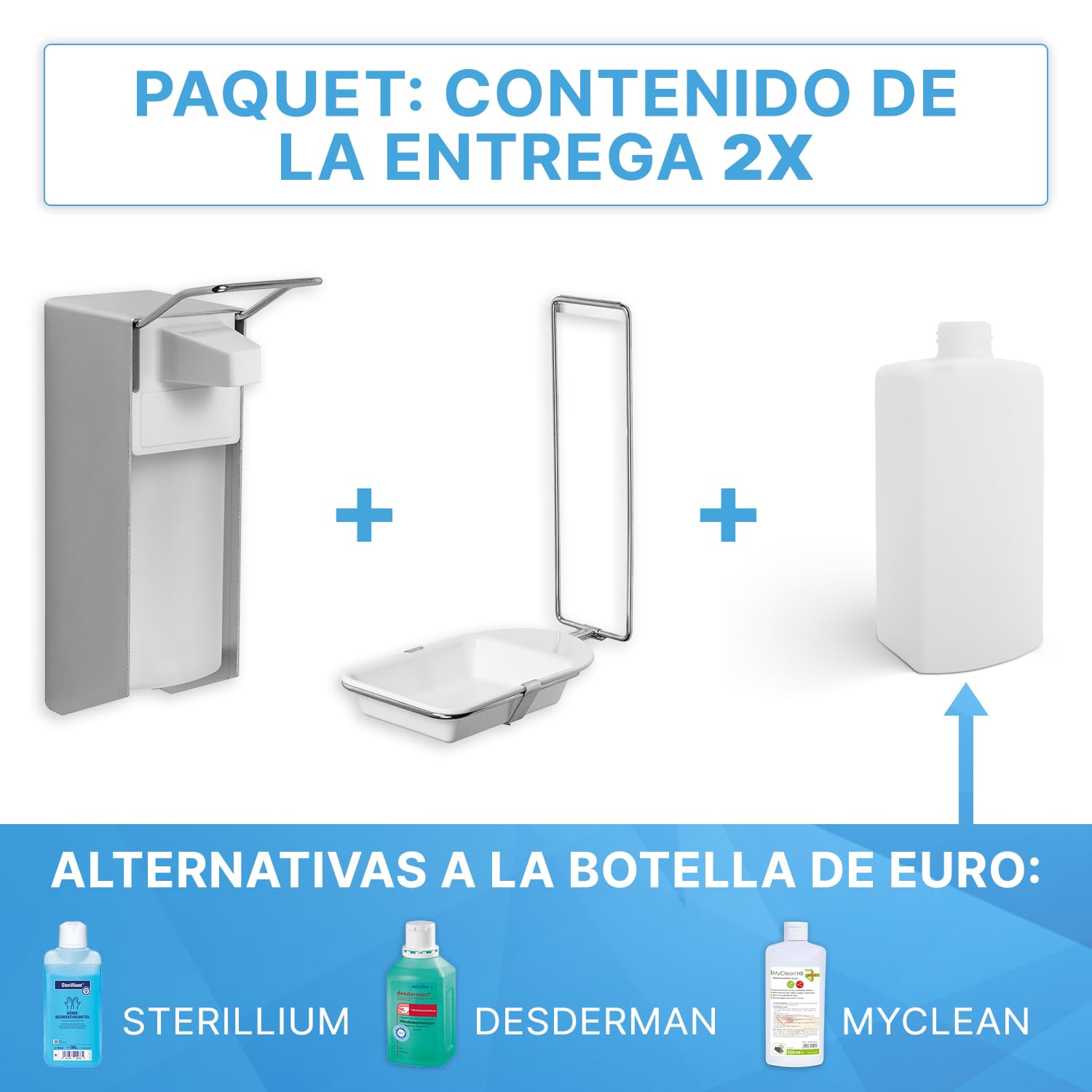ARNOMED 2 dispensador de desinfectante con Bandeja Goteo, dispensador de jabón de Aluminio para 1000ml, dispensador de jabón para Montaje en Pared con Palanca Corta, eurodispensador de desinfectante