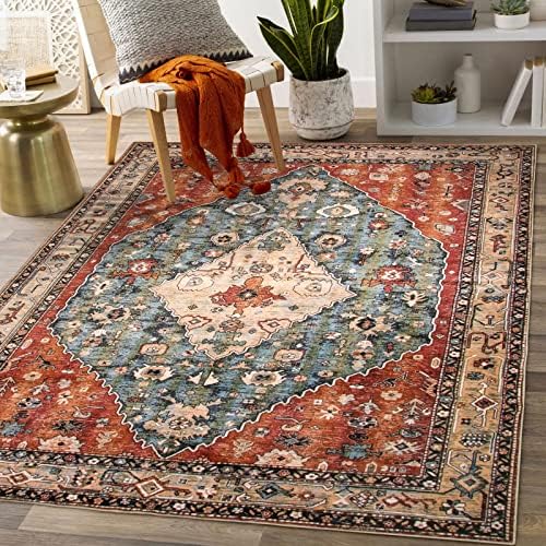 Morebes Tribal Washable Rugs 5x7, Large Boho Rugs for Living Room Non-Slip Area Rug Vintage Soft Kitchen Rug, Distressed Persian Throw Rug Indoor Floor Carpet for Bedroom Bathroom, Rust/Multi
