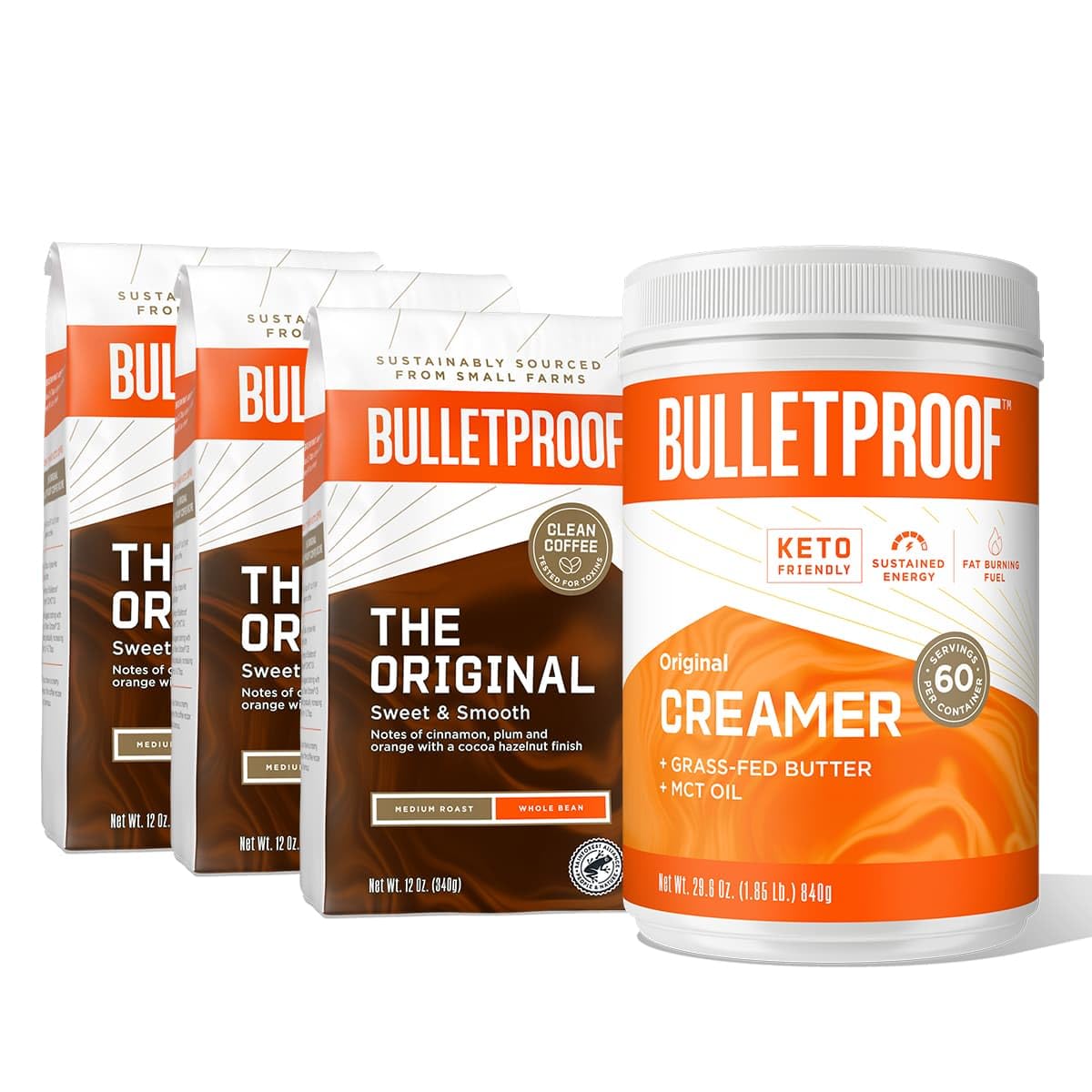 Bulletproof Original Medium Roast Ground Coffee, 12 Ounces (Pack of 3), and Bulletproof Original Creamer, 29.6 Ounces