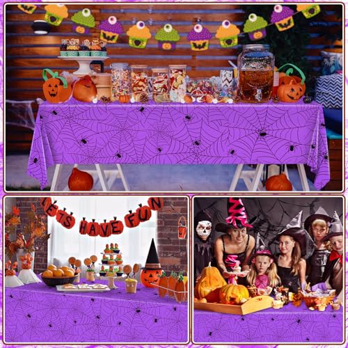 Image of Miucat 3Pcs Halloween Tablecloth - Spider Web Table Cloth, Plastic Disposable for Party Decorations 54 inch x 108 inch (Purple)