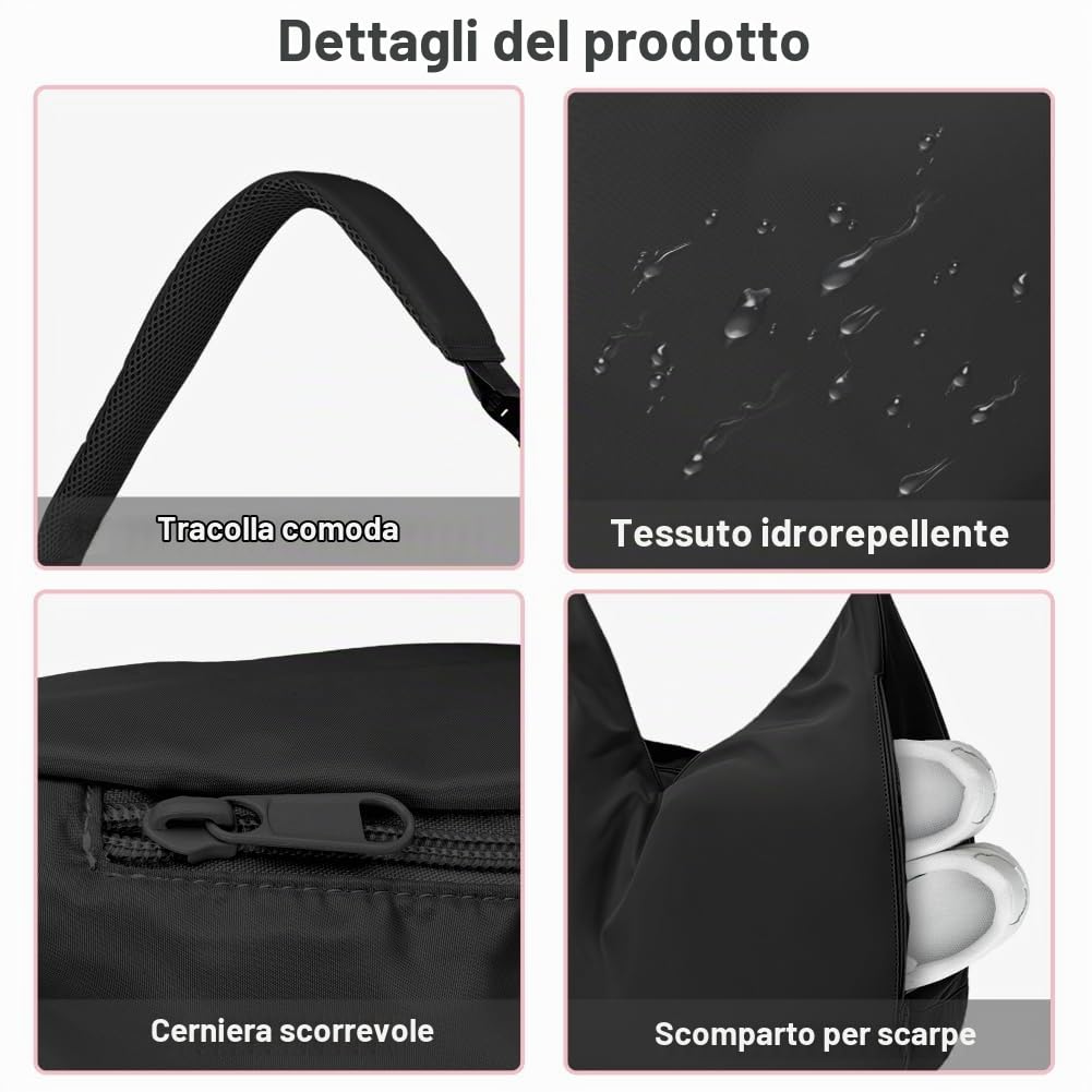flintronic Borsone Palestra, Impermeabile Borsa da Yoga Fitness, con Scomparto Scarpe e Tasca per Oggetti Bagnati, Grande Capacità Borsone da Viaggio, per Fitness/Sport/Viaggi -Nero