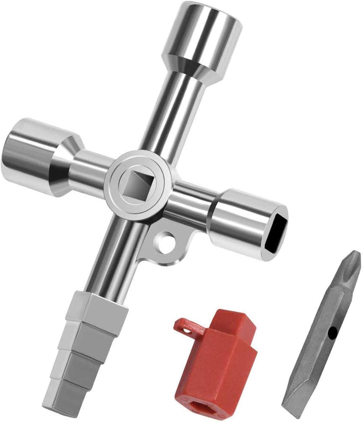 4 Way Cross Key Multi-Functional 4 in 1 Universal Utilities Key with Bit, Electrical Cupboard Box, Train Door, Water Meter Valve Gas Electric Meter Cabinets（Type F，Silver）