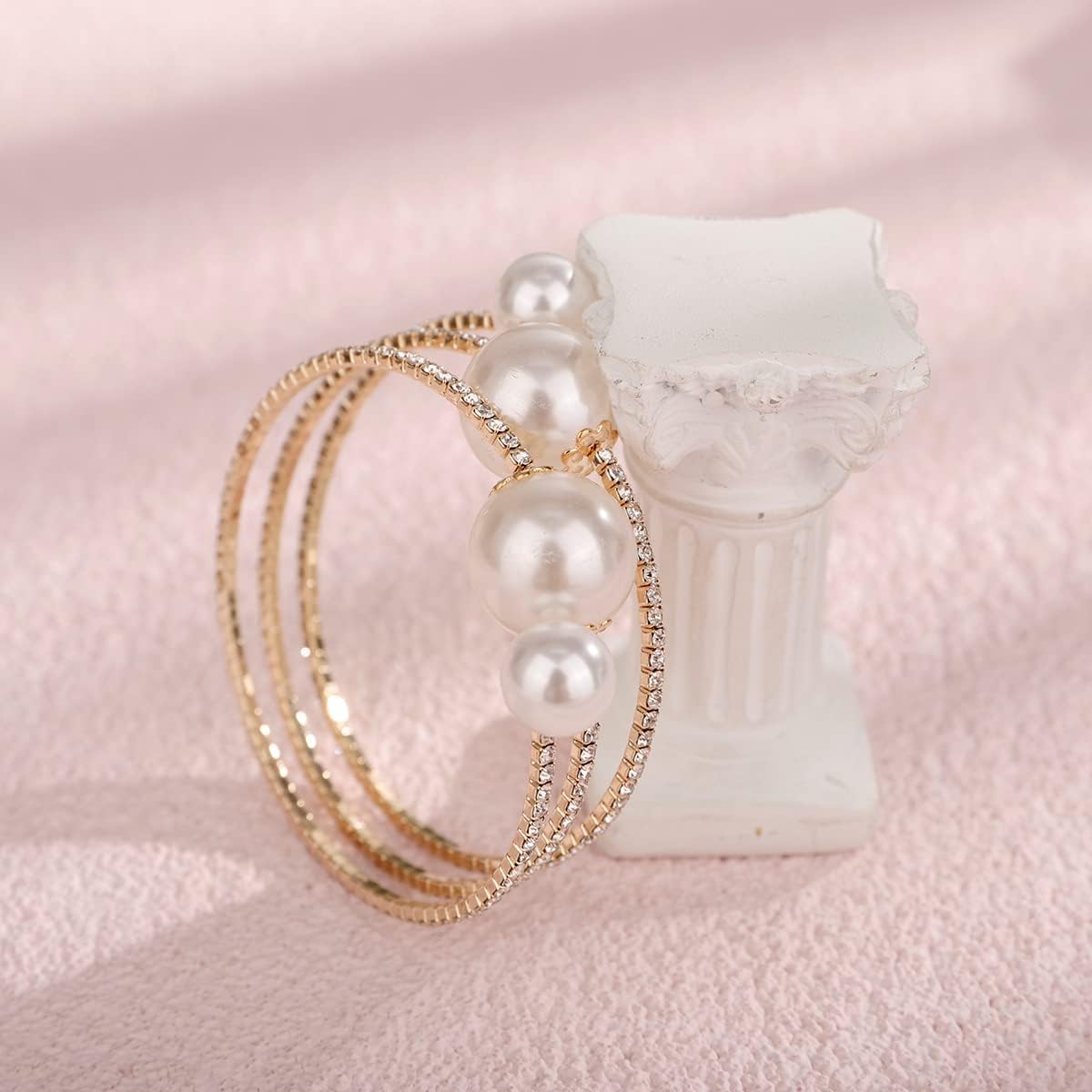 Xerling Big Pearl Bracelets Multi Layered Gold Rhinestones Hand Bracelets for Women Dainty Crystal Hand Jewelry for Wedding Bridal Statement Hand Chain Bracelets (Type B-Gold) - Image 4