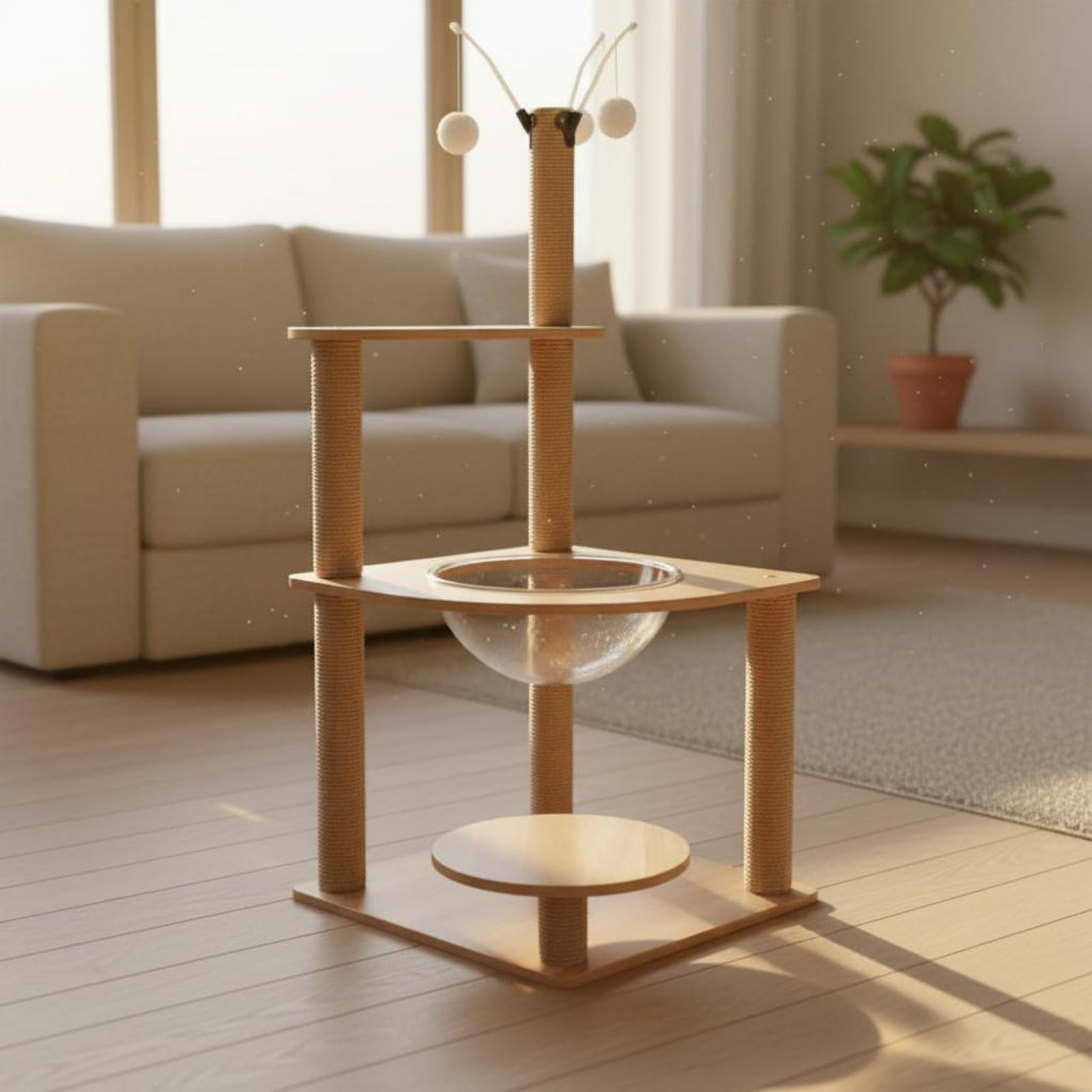 Estructura para Gatos con Torre Refugio y Rascador Diseño de Varios Niveles en Madera MDF con de Sisal y Cúpula Acrílica Base Estable Adecuado para, Madera Clara, Style to 2
