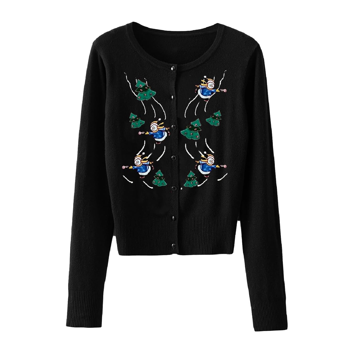Women Christmas Embroidered Cardigan Holiday Open Front Sweaters Ugly Xmas Long Sleeve Button Down Crop Sweater