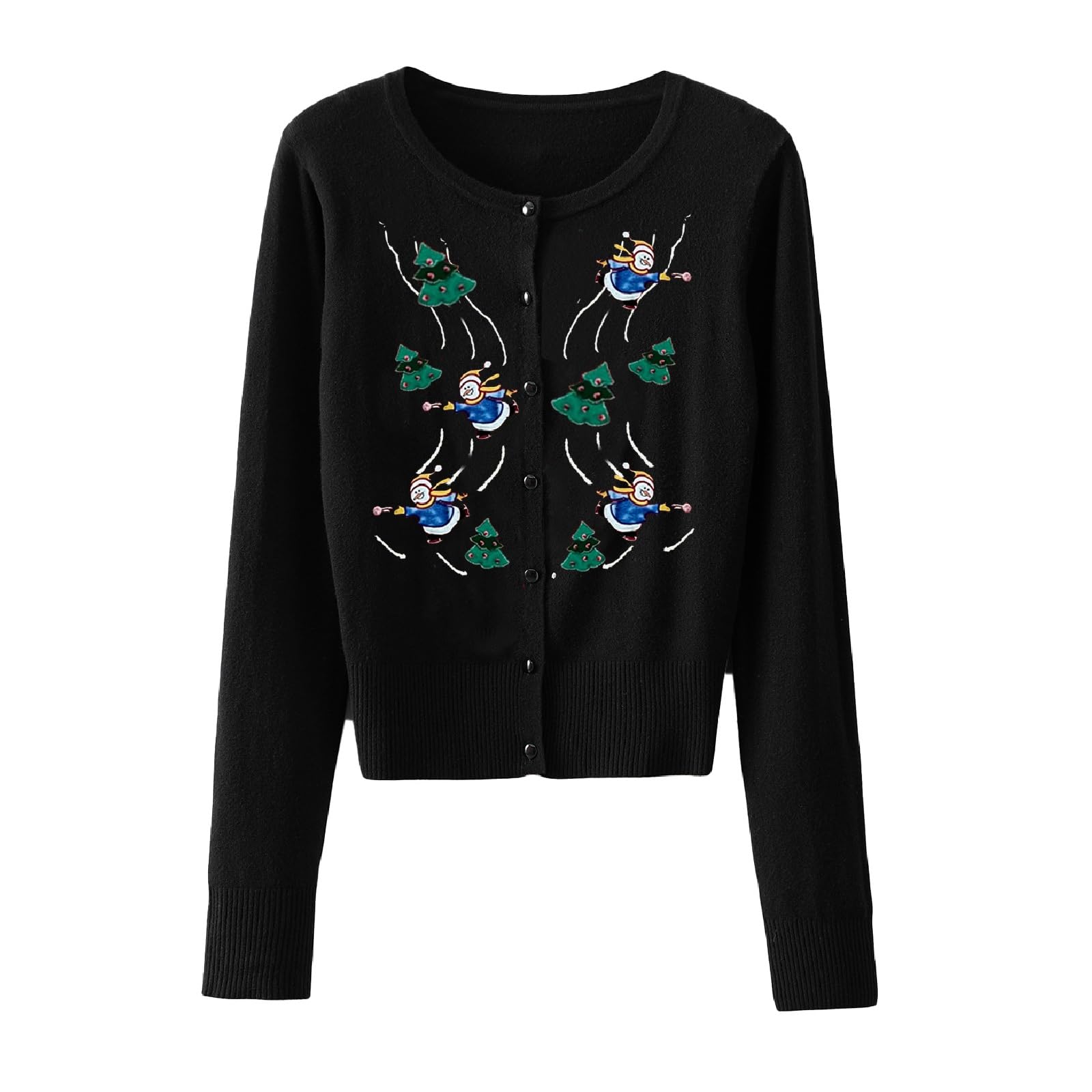 Women Christmas Embroidered Cardigan Holiday Open Front Sweaters Ugly Xmas Long Sleeve Button Down Crop Sweater