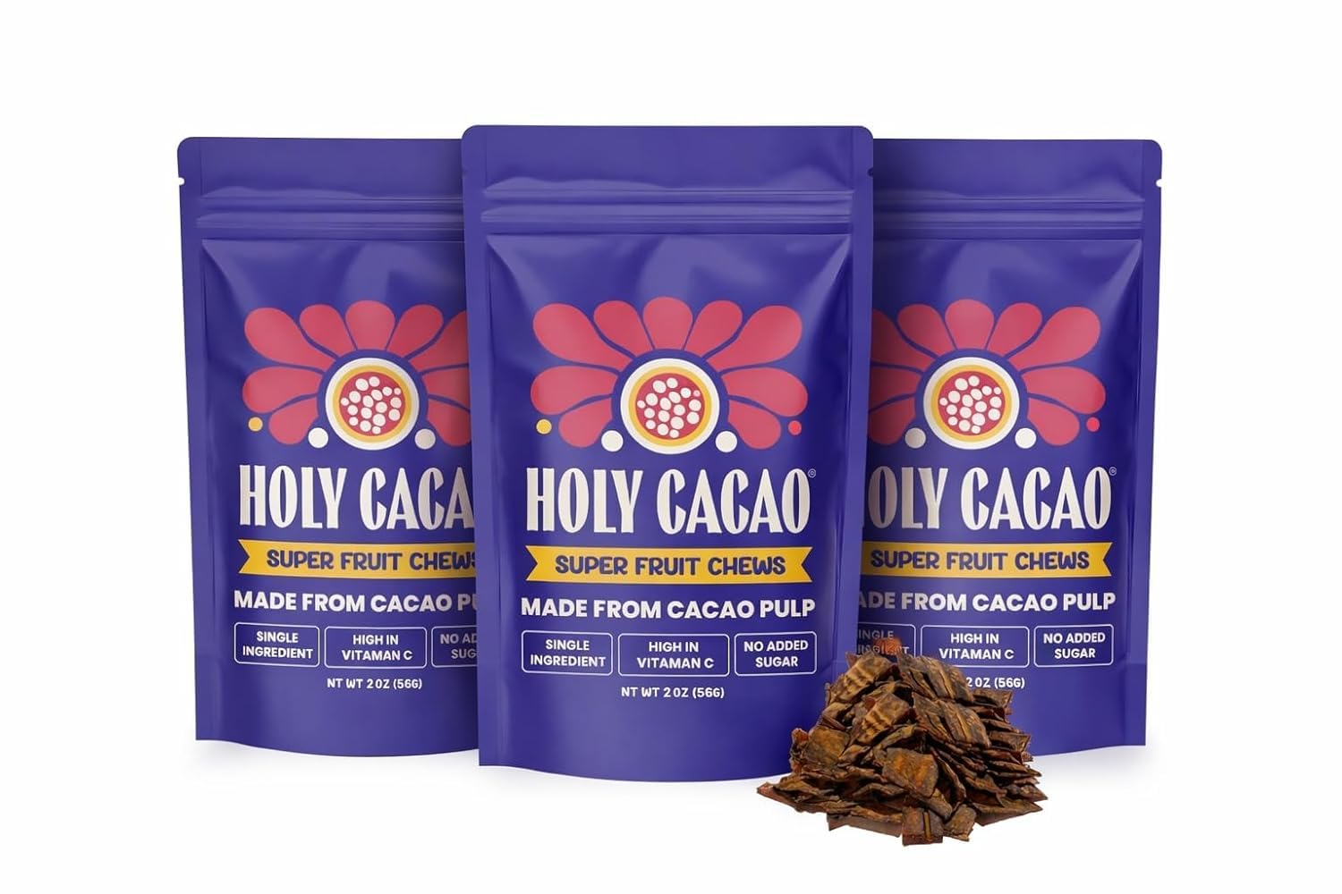 Holy Cacao Dehydrated Cacao Fruit Chews – Organic Upcycled Superfruit Snack, No Added Sugar, Vegan & Gluten-Free, Naturally Sweet and Chewy Whole Cacao Fruit Energy Snack, Original Flavor (3 Pack)