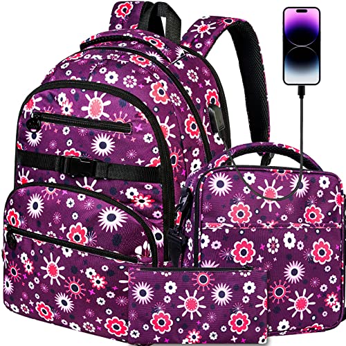 3Pcs Backpack for Girls, Water Resistant Flowers Bookbag, Elementary Backpacks for Teens Students School with USB Charging Port (Purple)