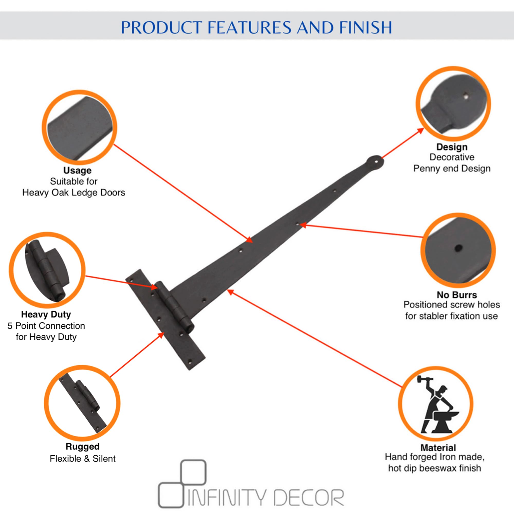 Coppia di cerniere a T forgiate a mano, 45,7 cm e chiavistello per pollice in cera d'api - Kit hardware resistente - Infinity Decor