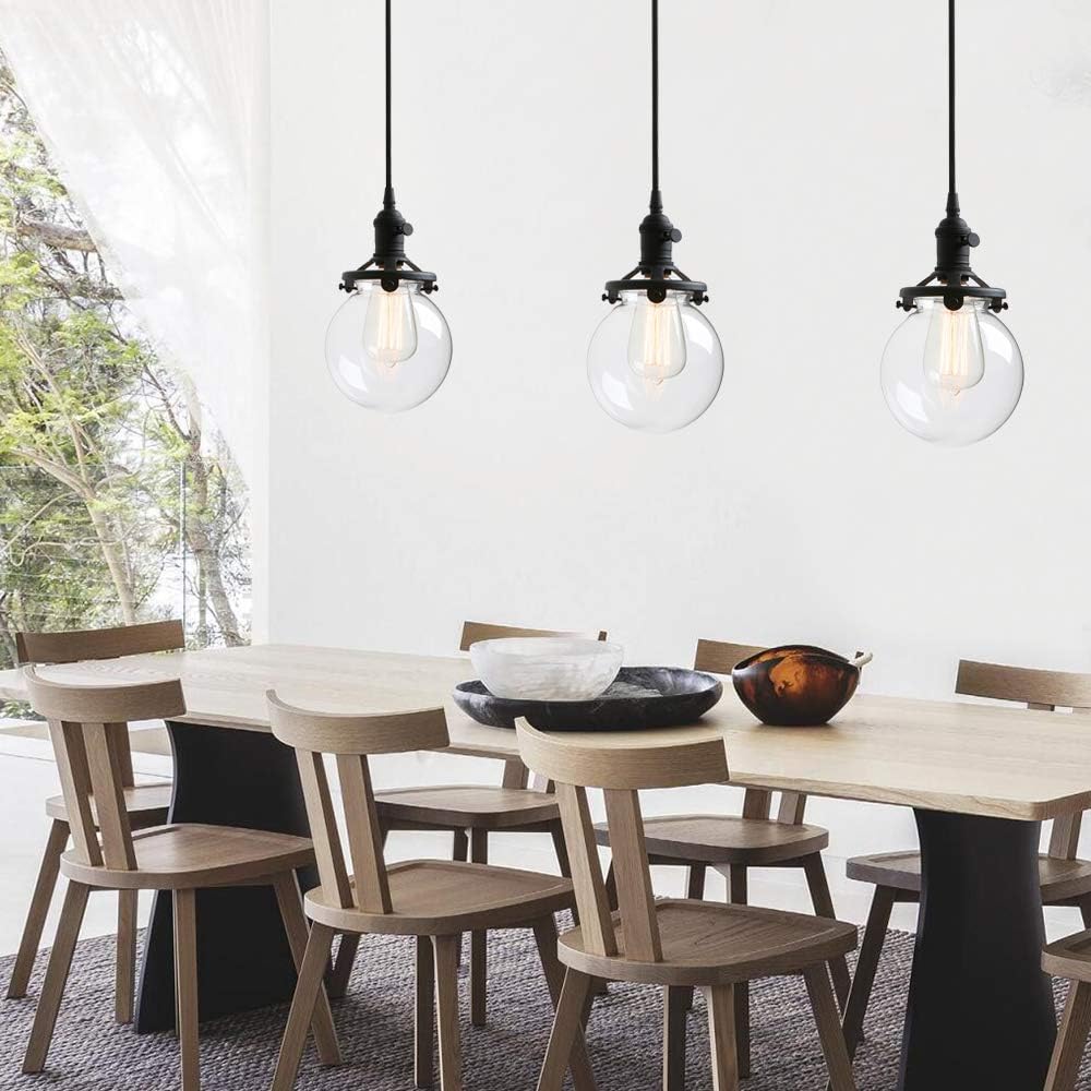 PERMO Vintage Rustic Industrial 3-Lights Kitchen Island Chandelier Triple 3 Heads Pendant Hanging Ceiling Lighting Fixture with Mini 5.9" Round Clear Glass Globe Shade (Black)