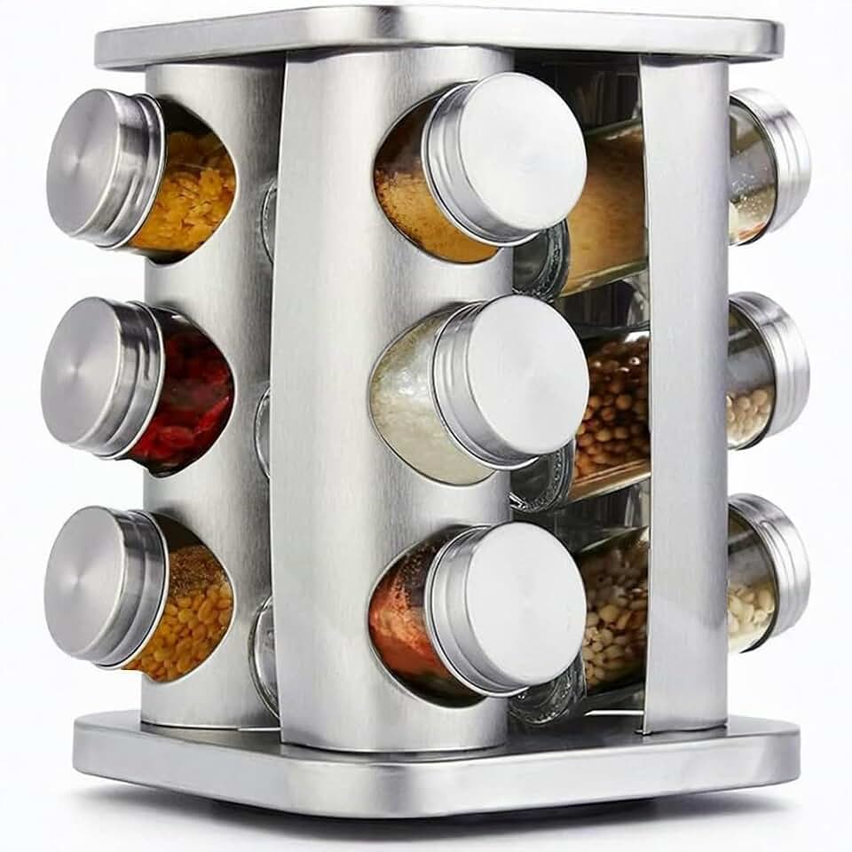 Porta Temperos Giratório 12 Potes de Vidro com Suporte em Aço Inox – Organizador de Temperos e Condimentos 360° Quadrado, Porta Condimentos para Cozinha, Suporte Giratório Moderno