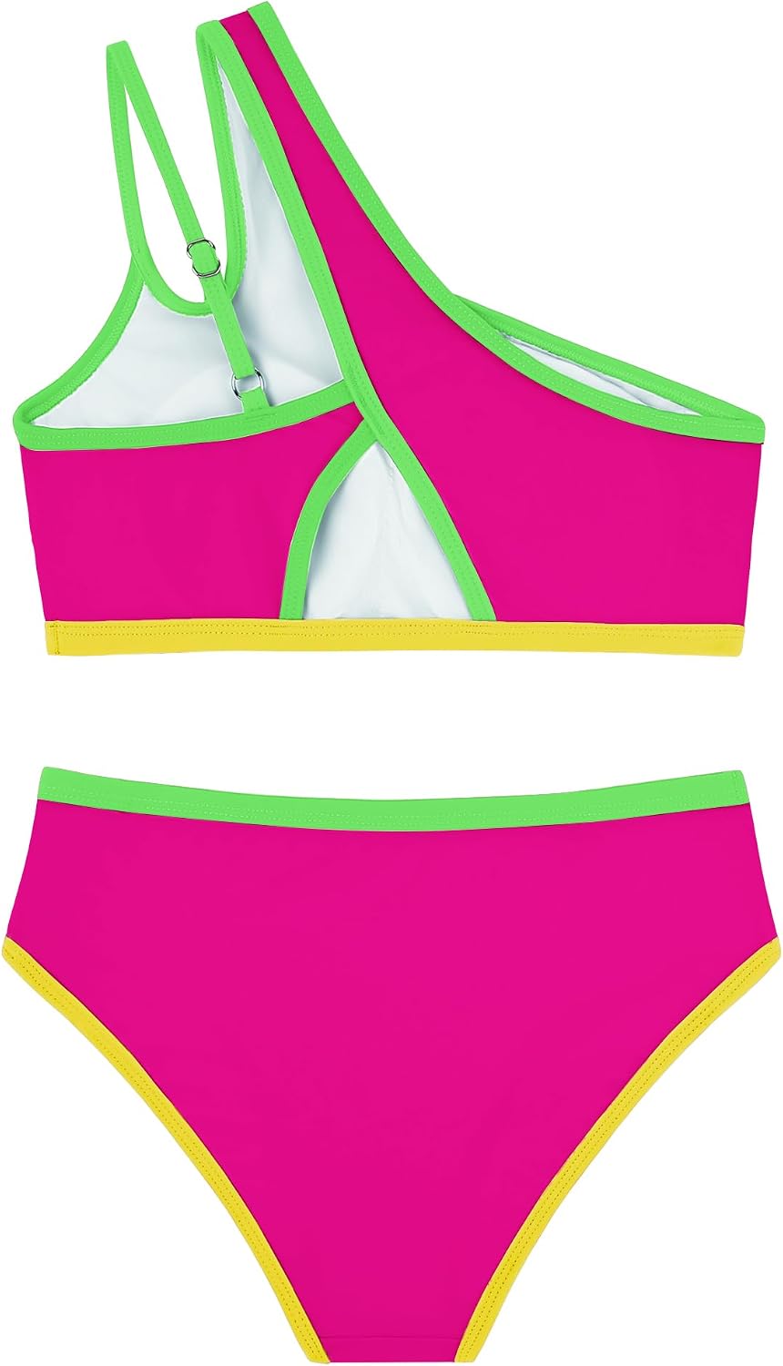 Redair Girls Swimsuit Two Piece One Shoulder Bathing Suit with Chest Pad Color Block Bikini 7-16 Years