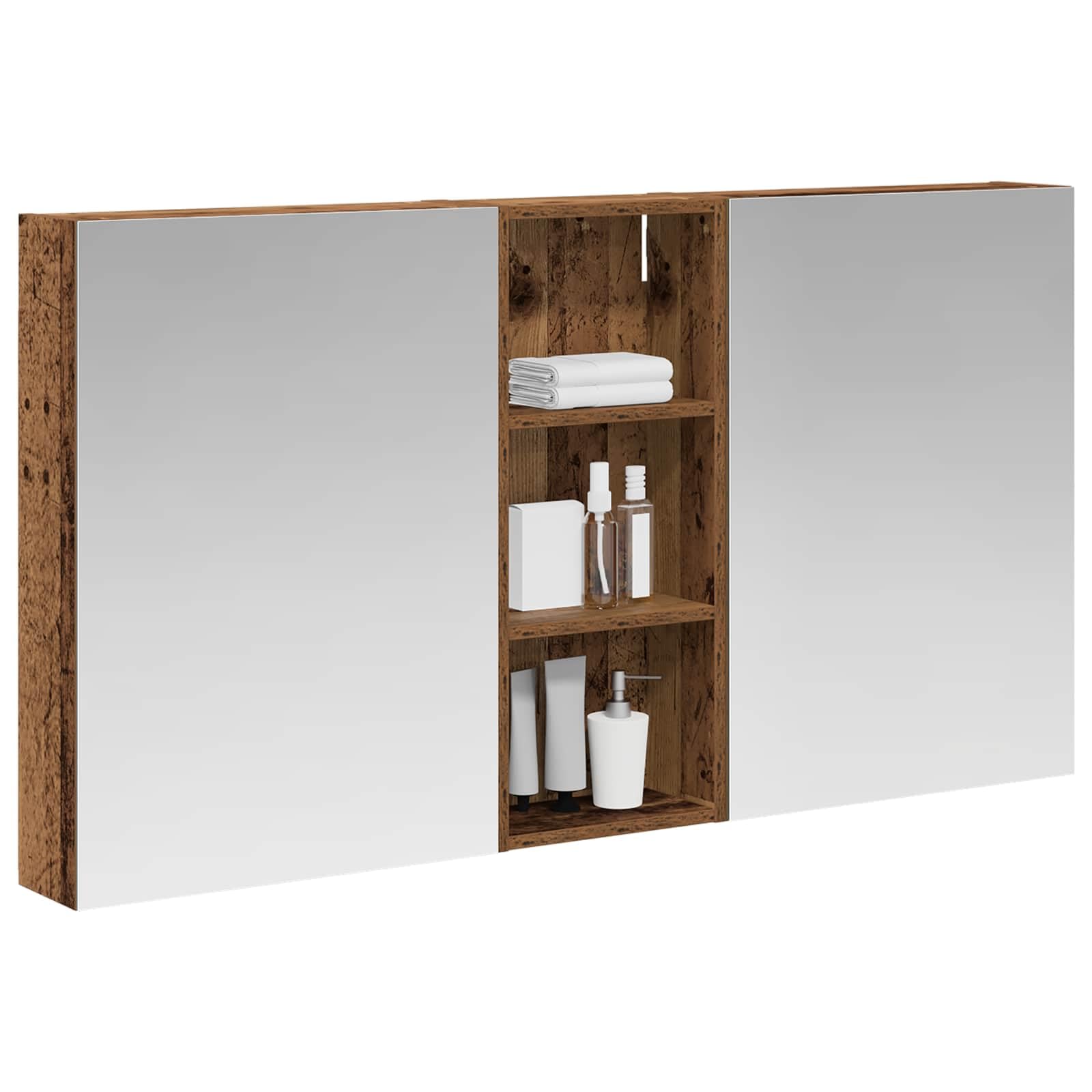 vidaXL Badezimmerschrank-Set 3 pcs 130 x 14,5 x 70 cm Holzwerkstoff, Badezimmer-Schrank, rechteckiger LED-Spiegel, moderner Wand-Organizer, praktischer Platzsparer