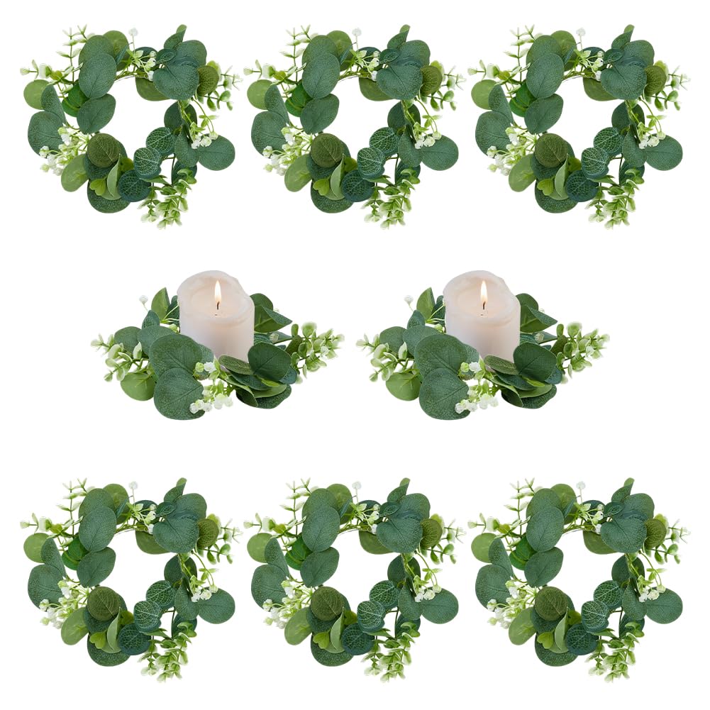 OLYCRAFT 8pz Anelli per Candele 11cm Ghirlande di Foglie di Eucalipto Artificiali Anelli per Candele Ghirlande Portacandele A Colonna Candela per Feste Matrimoni Tavolo Decorazione per La Casa