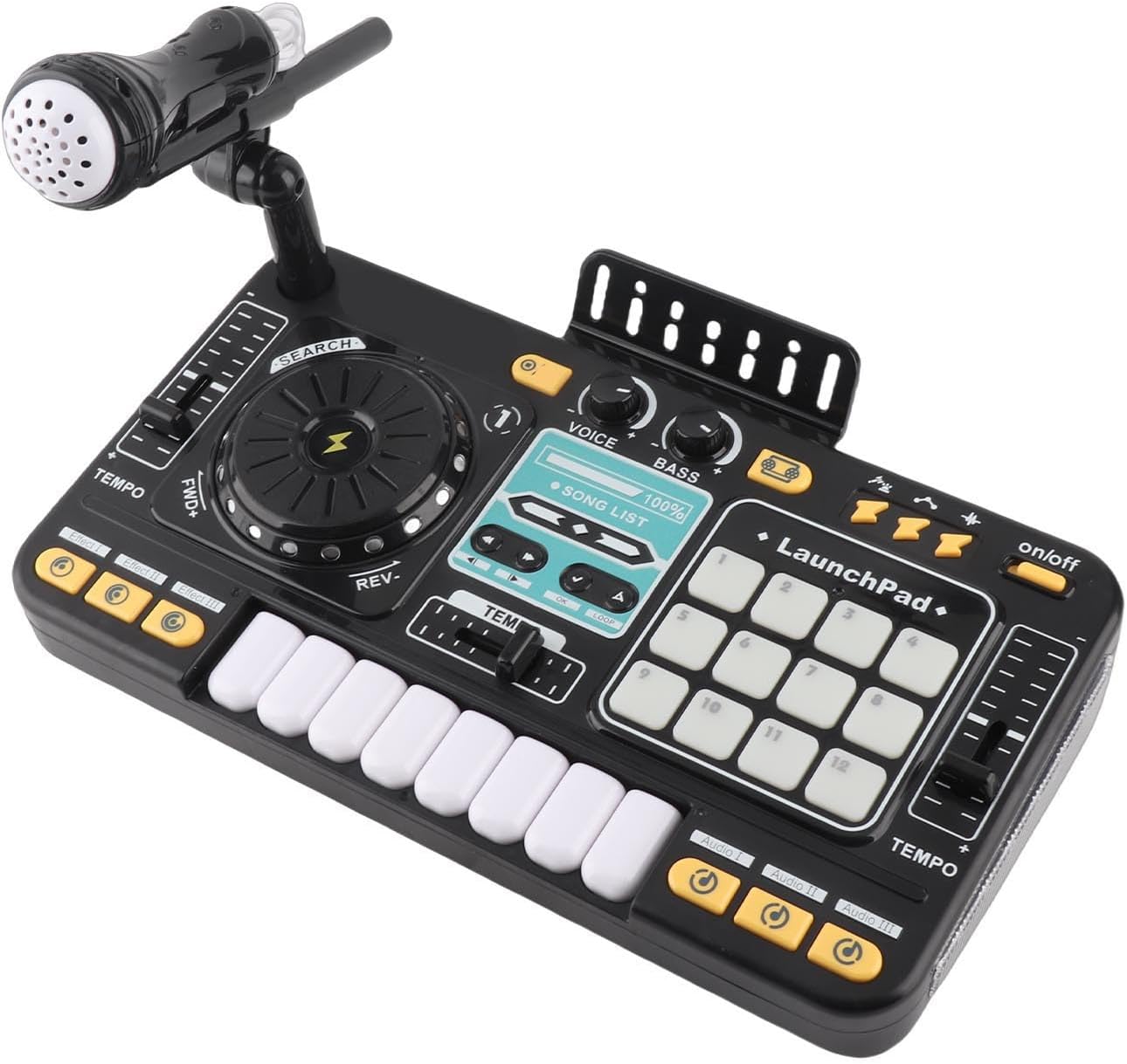 Asixxsix Kids DJ Mixer, 12 MIDI Buttons 8 Key Keyboard Piano with Lights Bluetooth Recording DJ Set with Microphone for Kids Age 3+, (Black)
