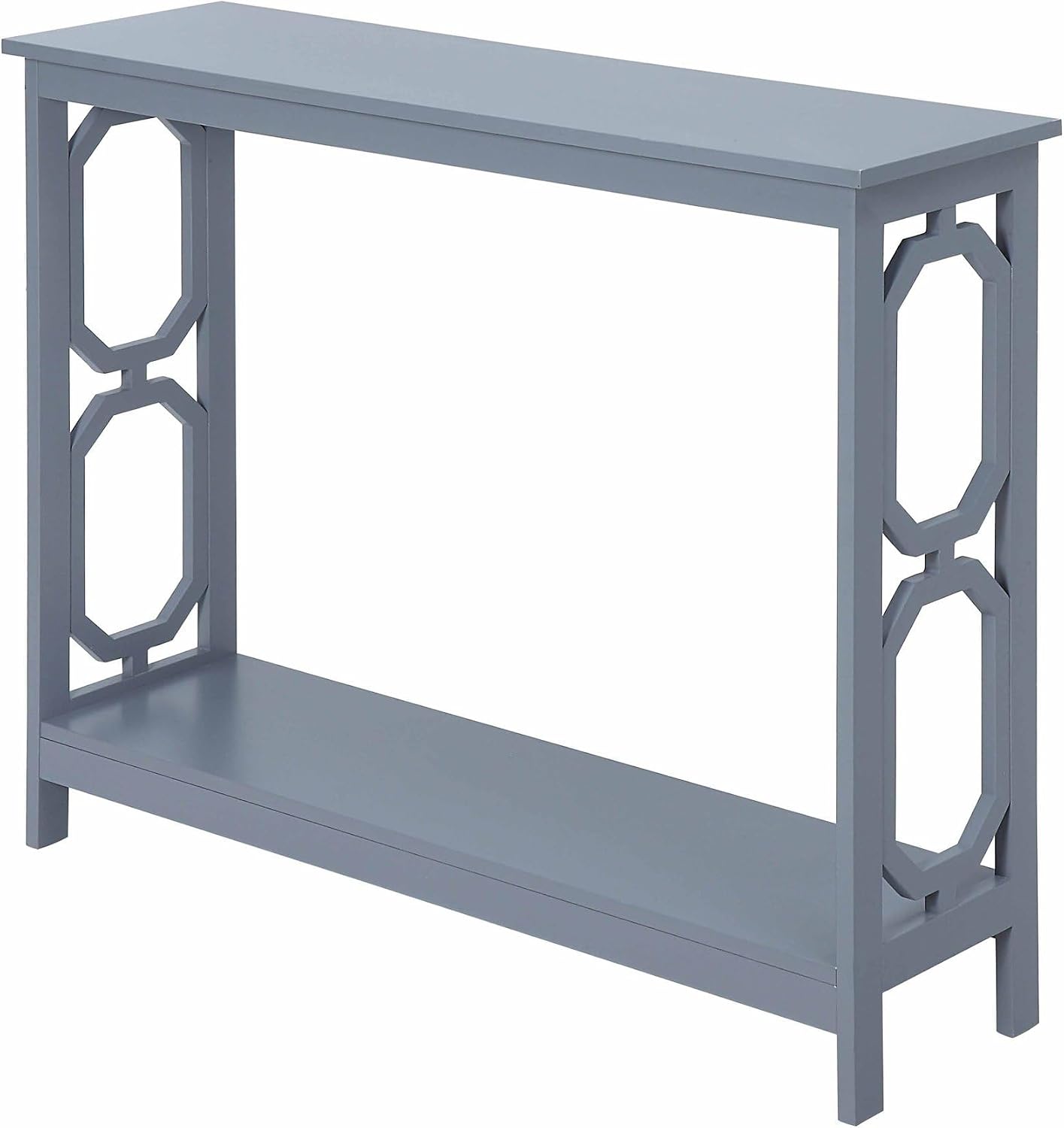 Pemberly Row Contemporary Console Table, Gray Wood Finish, MDF Material, 39.5 in W x 12 in D x 31.5 in H, Octagon Cutout Design, Broad Top Panel and Bottom Shelf, Living Room or Hallway Display