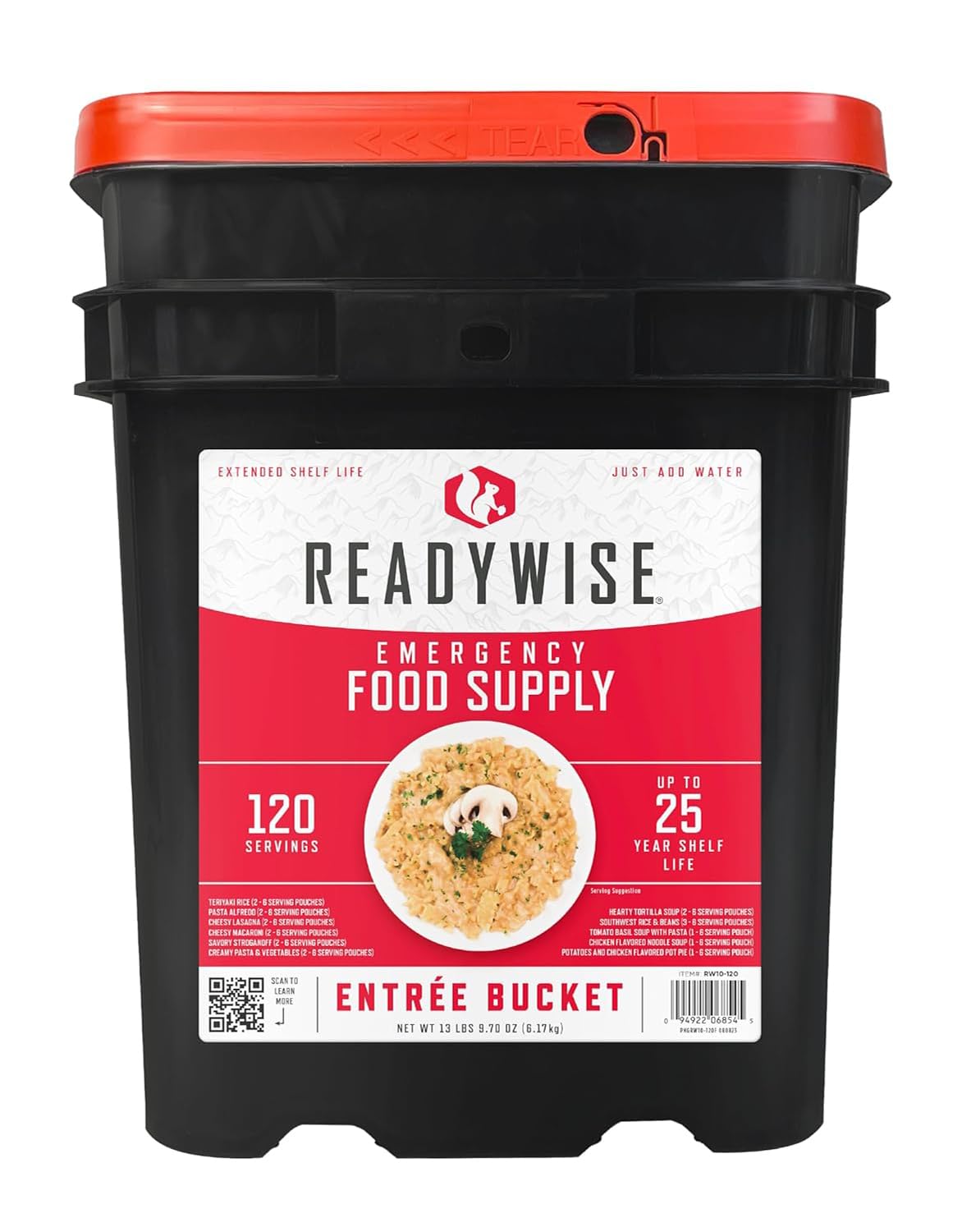 ReadyWise, 120 raciones, sólo almuerzo y cena, 13 recetas diferentes, cubo para llevar, liofilizado, Hasta 25 Años de Vida Útil, 7 días para 2 personas