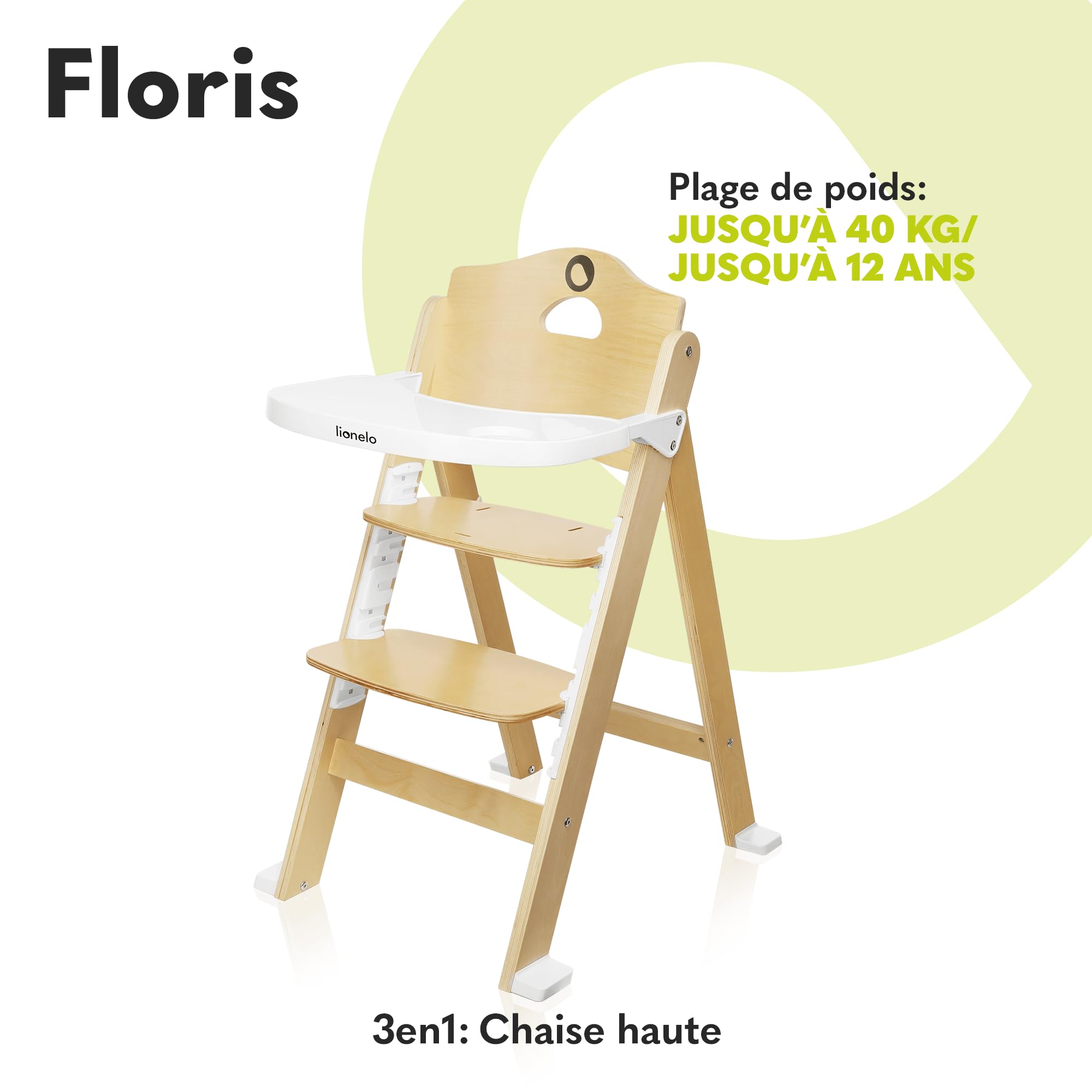 LIONELO Floris chaise haute bébé en bois 3 en 1, plateau amovible, de 6 à 36 mois, ceintures de sécurité à 5 points, capacité de charge jusqu'à 15 kg / 40 kg (NATURAL)