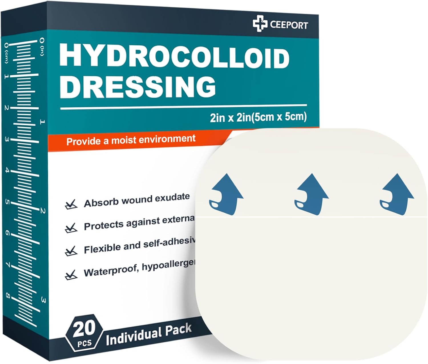 Ceeport 20 Pack Hydrocolloid Wound Dressing, 2" x 2" Ultra Thin Hydrocolloid Bandages with Self-Adhesive, Waterproof Hydrocolloid Patch for Bed Sore, Mild Burn, Blister, Acne Care