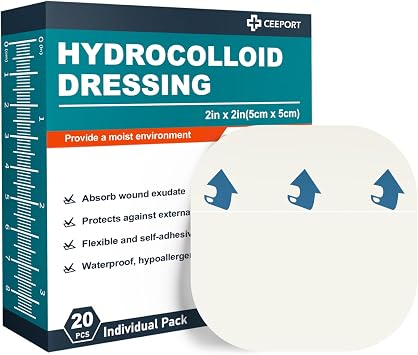 Ceeport 20 Pack Hydrocolloid Wound Dressing, 2" x 2" Ultra Thin Hydrocolloid Bandages with Self-Adhesive, Waterproof Hydrocolloid Patch for Bed Sore, Mild Burn, Blister, Acne Care